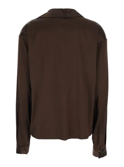 Tom Ford Brown Blouse With V Neck And Wide Pointed Collar In Silk Stretch Woman In Multi