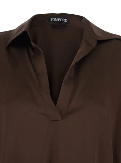 Tom Ford Brown Blouse With V Neck And Wide Pointed Collar In Silk Stretch Woman In Multi