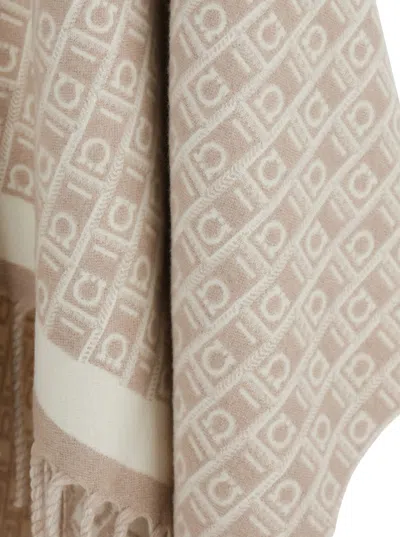 Ferragamo Beige Crewneck Cape With Fringed Hem And All-over Gancini Embroidery In Wool Woman In Gold