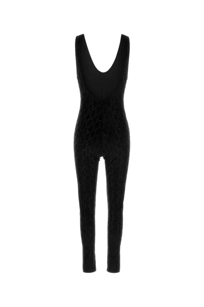 Gucci Black Stretch Velvet Jumpsuit In Animal Print