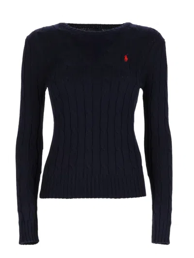 Polo Ralph Lauren Cropped Cable Knit Sweater With Logo In Blue