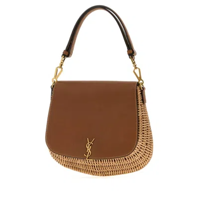 Saint Laurent Two-tone Wicker And Leather Voltaire Handbag In Red