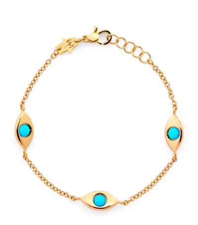 Netali Nissim Yellow Gold And Turquoise Protected Three Eyes Bracelet In Gold