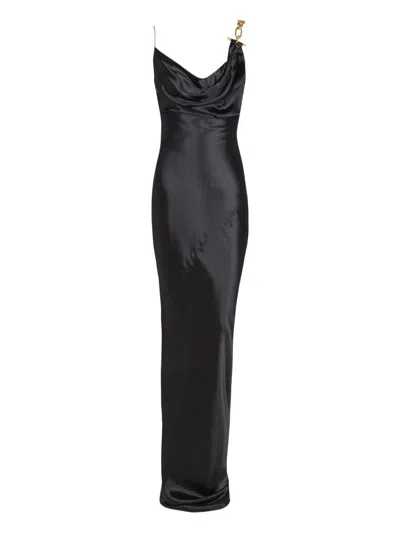 Balmain Thin Straps Gold Detail Satin Dress In Black