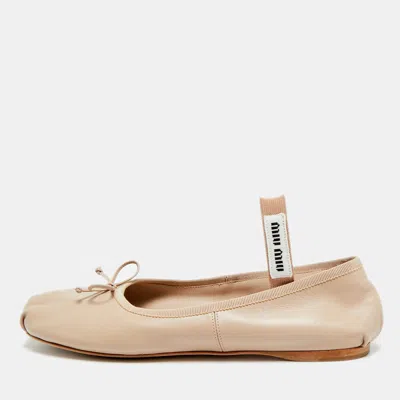 Pre-owned Miu Miu Size 40 Beige Leather Bow Mary Jane Ballet Flats In Sand
