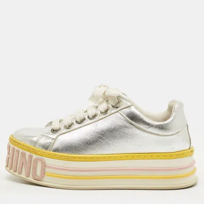 Pre-owned Moschino Size 37 Silver Leather Platform Lace Up Sneakers