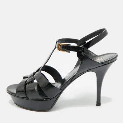 Pre-owned Saint Laurent Tribute Size 40 Black Patent Leather Platform Sandals