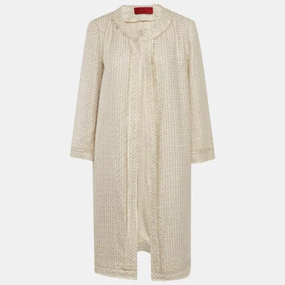 Pre-owned Carolina Herrera Beige Tweed Open Front Coat L In Sand