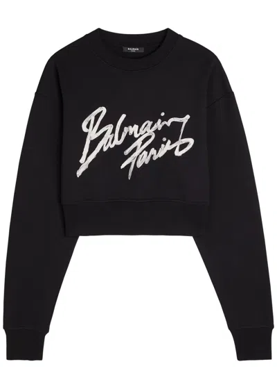Balmain Logo-print Cotton Cropped Sweatshirt In Black