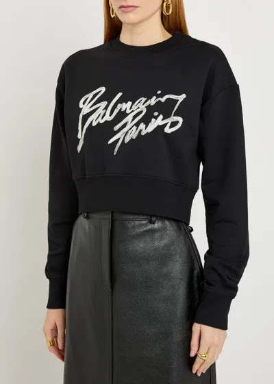 Balmain Logo-print Cotton Cropped Sweatshirt In Black