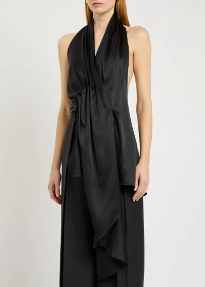 Heirlome Barbara Gathered Draped Silk-satin Halterneck Blouse In Black