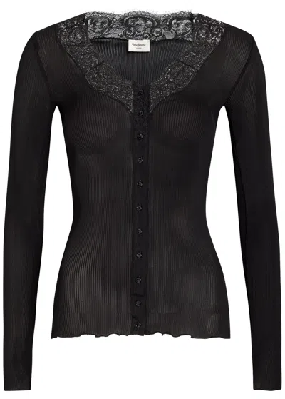 Saint Laurent Lace-trim Ribbed Silk Cardigan In Black