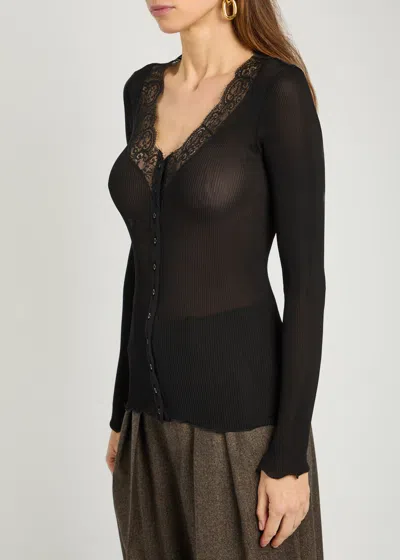 Saint Laurent Lace-trim Ribbed Silk Cardigan In Black
