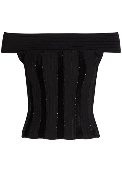 Balmain Sequin-embellished Stretch-knit Top In Black