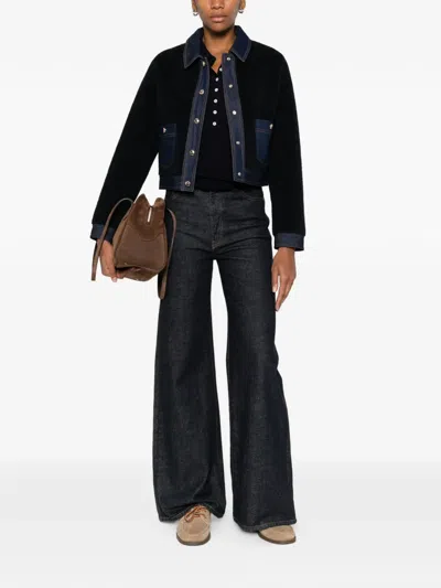 Maje Denim-trim Shearling Jacket In Blue