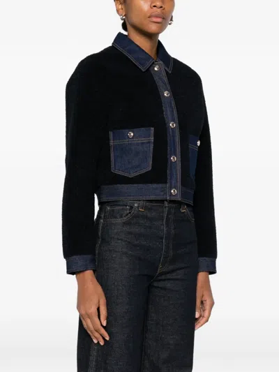 Maje Denim-trim Shearling Jacket In Blue