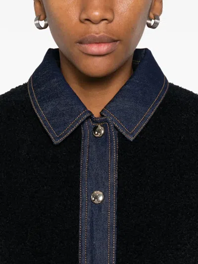 Maje Denim-trim Shearling Jacket In Blue