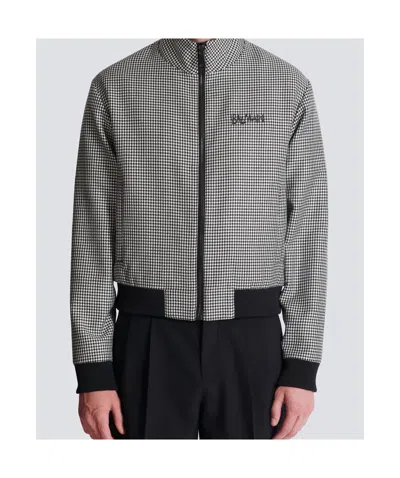 Balmain Houndstooth-pattern Zip Jacket In Gray