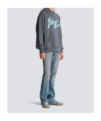 Balmain Printed Cotton Hoodie In Gray