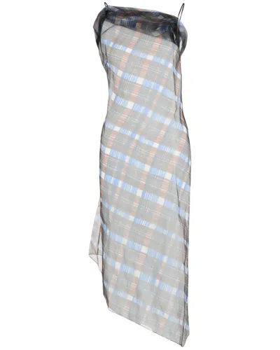 Ferragamo Organza Plaid-check Midi Dress In Gray