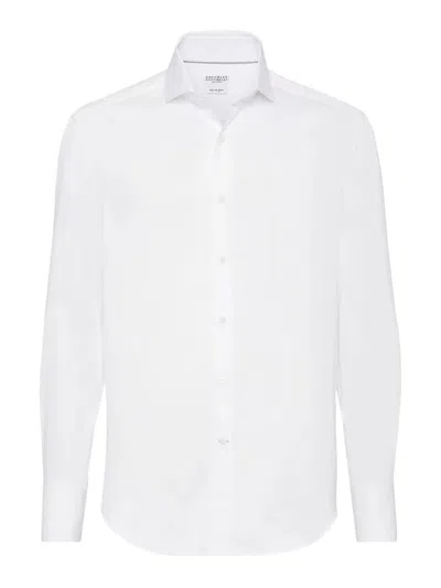Brunello Cucinelli Button-down Collar Cotton Shirt With Curved Hem In White