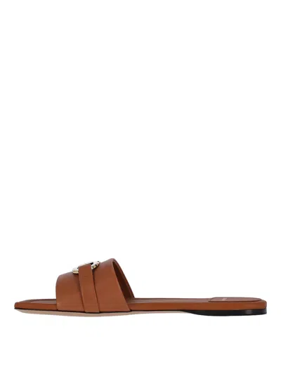 Ferragamo Leather Flat Sandals With Logo In Brown
