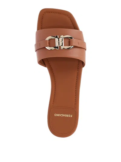 Ferragamo Leather Flat Sandals With Logo In Brown
