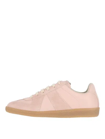 Maison Margiela 'replica' Pink Low Top Sneakers With Suede Details And Logo On The Tongue In Leather Woman In Beige