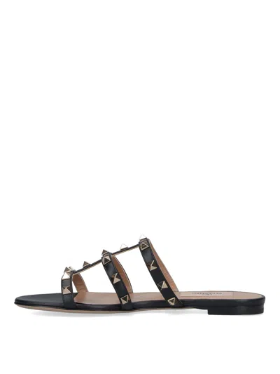 Valentino Rockstud Slide Sandal In Laminated Nappa With Cabochon In Black