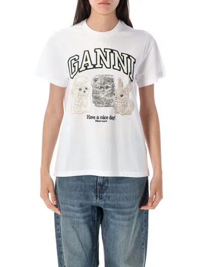 Ganni Women White Crewneck T-shirt With Maxi Logo On The Front In Cotton Woman In Multi