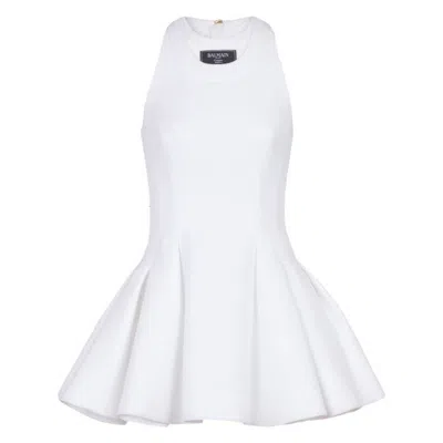 Balmain Sleeveless Flared Pleated Mini Dress In White