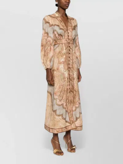 Zimmermann Womens Wanderlust Plunge Linen Midi Dress Tapestry Multi In Neutral