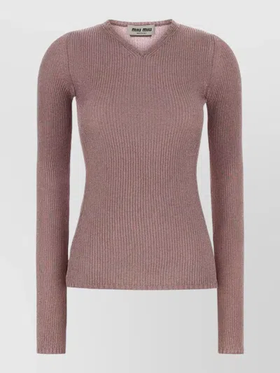 Miu Miu Viscose Blend Knit Top Long Sleeves In Neutral