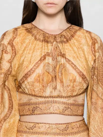 Zimmermann Womens Tapestry Mustard Multi Wanderlust Cropped Cotton-blend Top Xxs In Gold