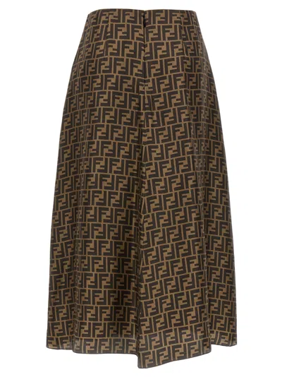Fendi Women Embroidered Silk Skirt In Brown