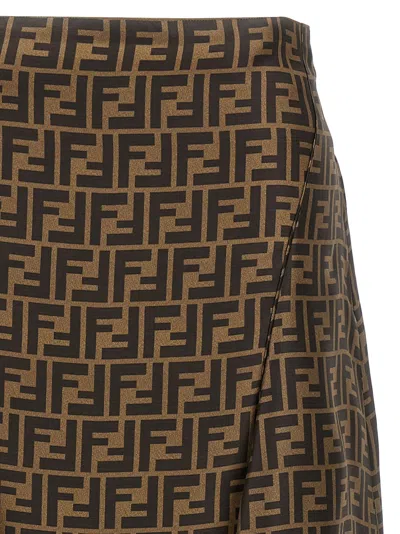 Fendi Women Embroidered Silk Skirt In Brown