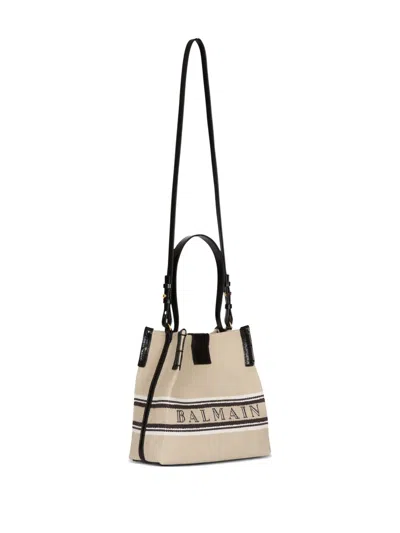 Balmain Release Bucket Bag In Canvas And Calfskin