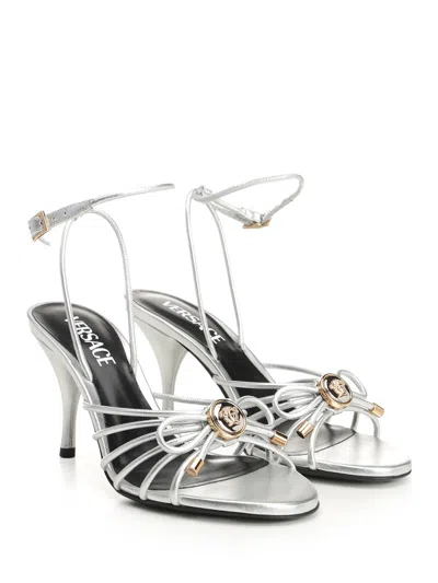 Versace Embellished Metallic Leather Sandals In Silver