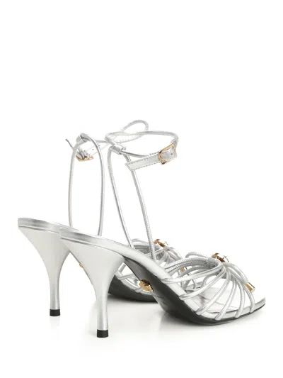 Versace Embellished Metallic Leather Sandals In Silver