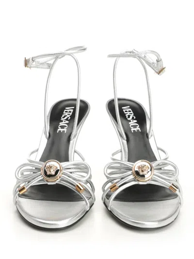 Versace Embellished Metallic Leather Sandals In Silver