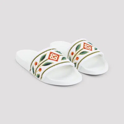 Casablanca Terry Slider Sandals Embroidered Strap Flat In White