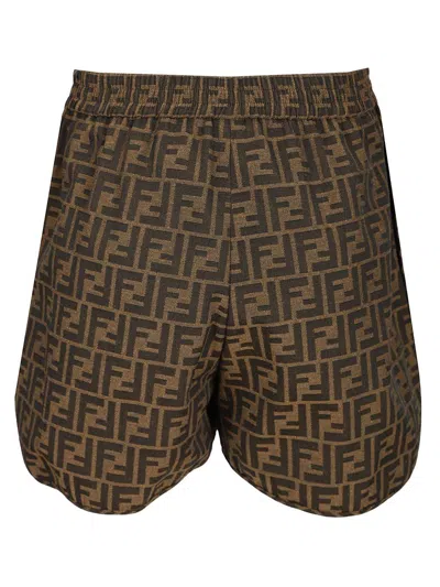 Fendi Short Ff Canvas Trousers Brown In Brown