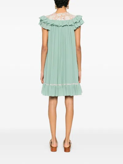 Chloé Ruffled Lace-trimmed Silk Georgette Mini Dress In Green
