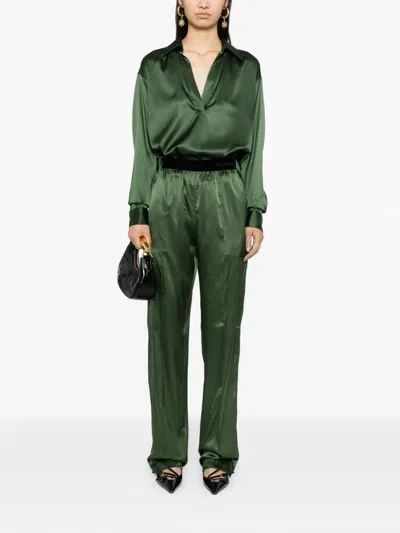 Tom Ford Green Pants With Elastic Waist With Logo Lettering In Silk Stretch Woman In Multi