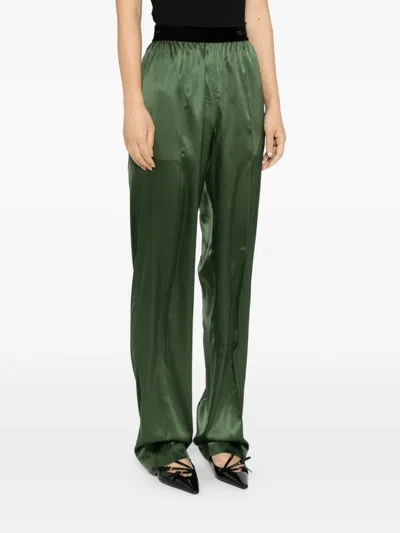 Tom Ford Green Pants With Elastic Waist With Logo Lettering In Silk Stretch Woman In Multi