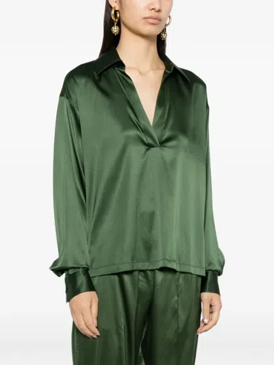 Tom Ford Stretch Silk Satin Polo With Tonal Tf Embroidered Logo In Green
