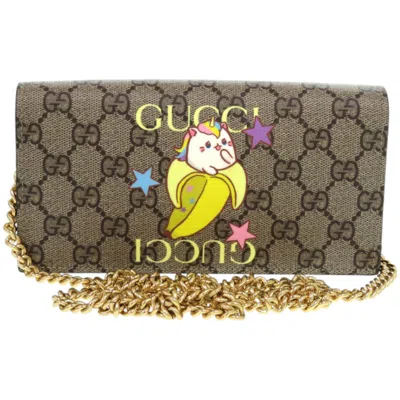 Pre-owned Gucci Beige Brown Multi-color Gg Supreme Chain/shoulder Wallet ()