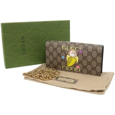 Pre-owned Gucci Beige Brown Multi-color Gg Supreme Chain/shoulder Wallet ()