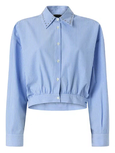 Pinko Charita Light Blue Shirt With Embellished Classic Collar And All-over Striped Motif In Cotton Woman