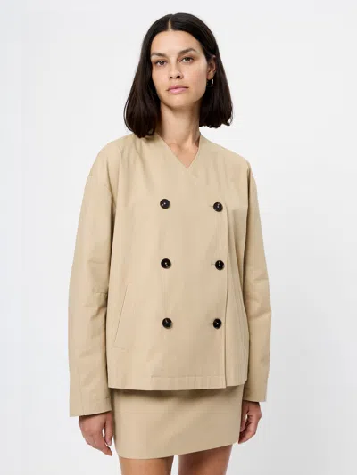 French Connection Collarless Double Breasted Cotton Twill Jacket In Brown